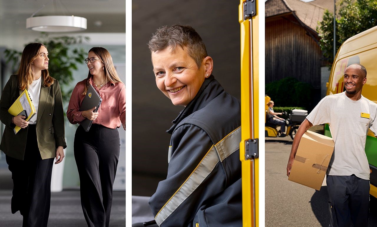 Drei Porträts zeigen die Vielfalt der Karrierewege bei der Post: Zwei Mitarbeiterinnen im Gespräch in einem modernen Büroumfeld, eine lächelnde Mitarbeiterin in technischer Uniform sowie ein Zusteller bei der Paketauslieferung vor einem Post-Fahrzeug.