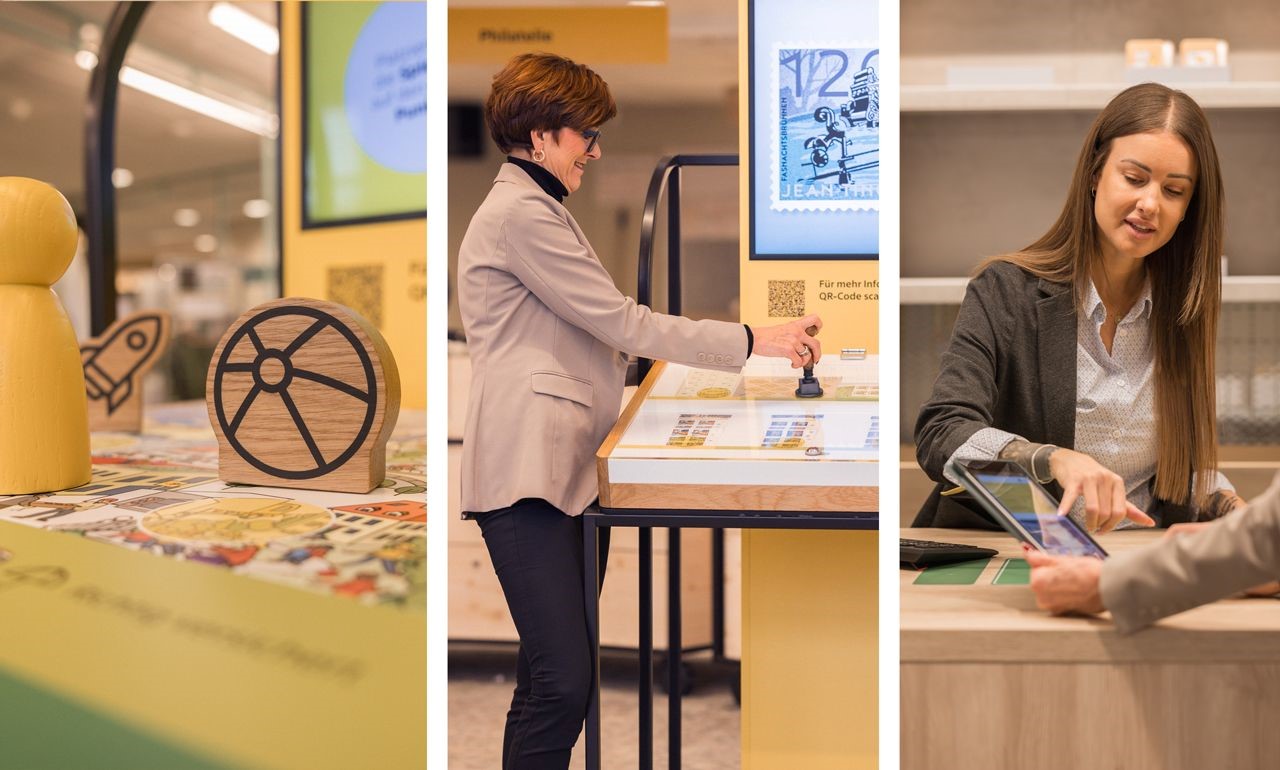 Tre immagini illustrano il moderno concetto di filiale della Posta: un display informativo interattivo («Non solo Posta»), una cliente al tradizionale tavolo per timbrare con sfondo digitale e una collaboratrice che fornisce una consulenza personalizzata tramite tablet.