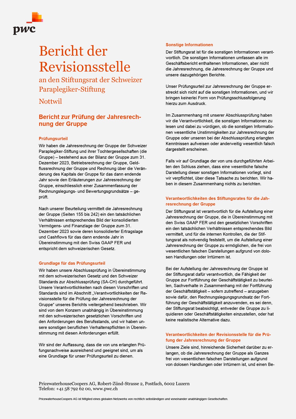 Unterzeichneter Revisionsbericht von PricewaterhouseCoopers AG, Seite 1