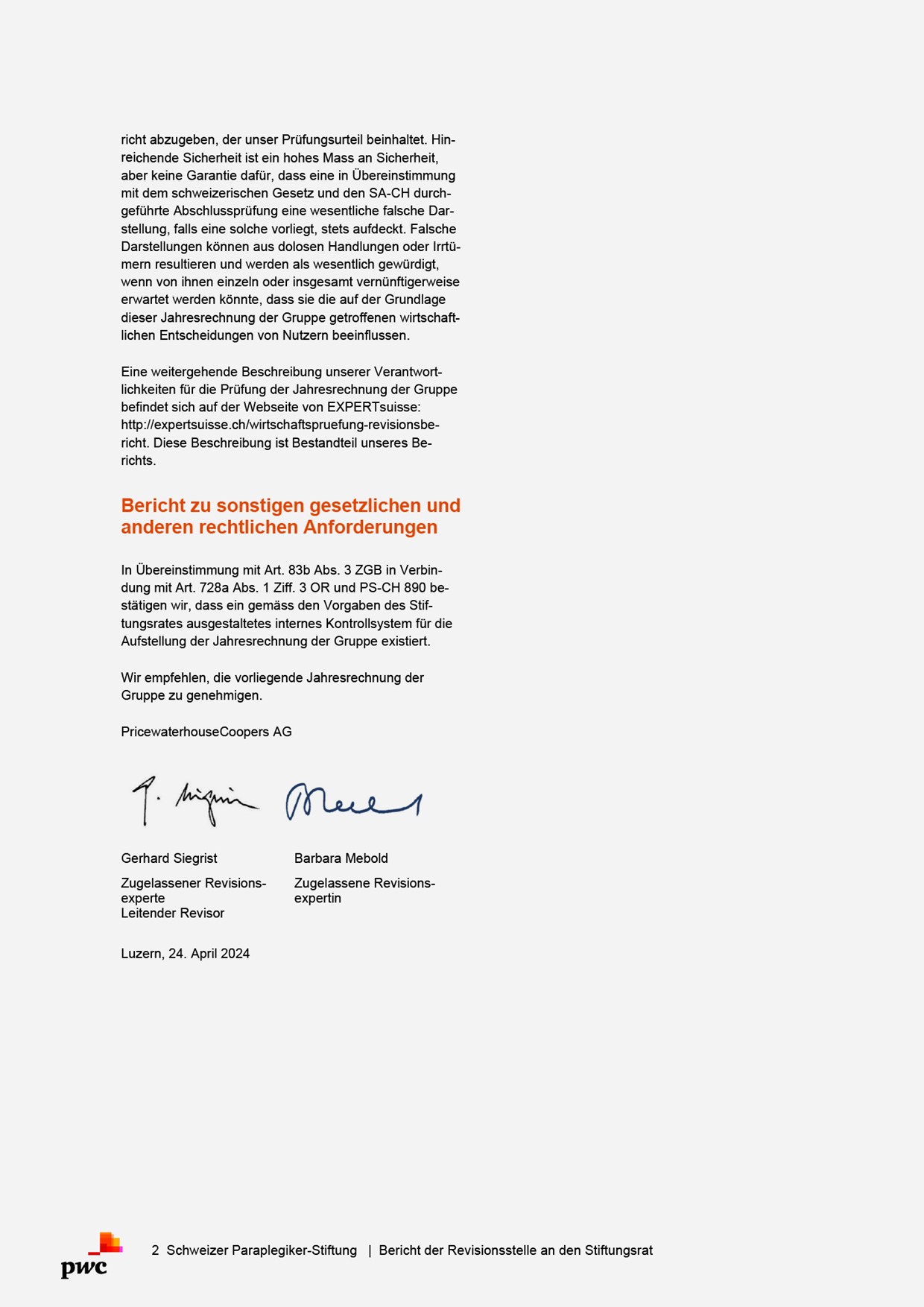 Unterzeichneter Revisionsbericht von PricewaterhouseCoopers AG, Seite 2